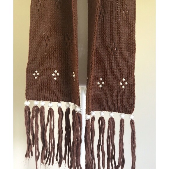 Women’s Brown Knit Scarf Beaded Fringe 72" x 6" - Picture 3 of 4